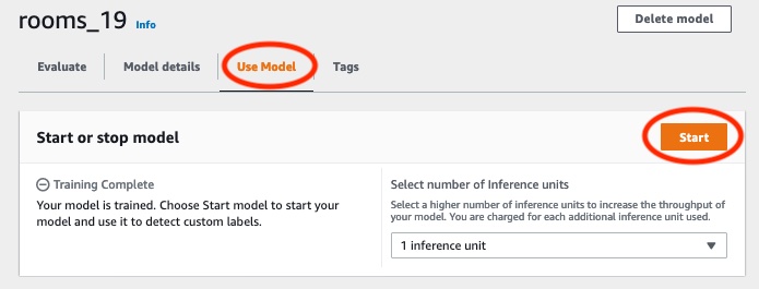 Interface do usuário mostrando o botão Iniciar modelo e opções para iniciar ou interromper um modelo de machine learning para detectar rótulos personalizados. Selecione o número de unidades de inferência para aumentar o throughput.