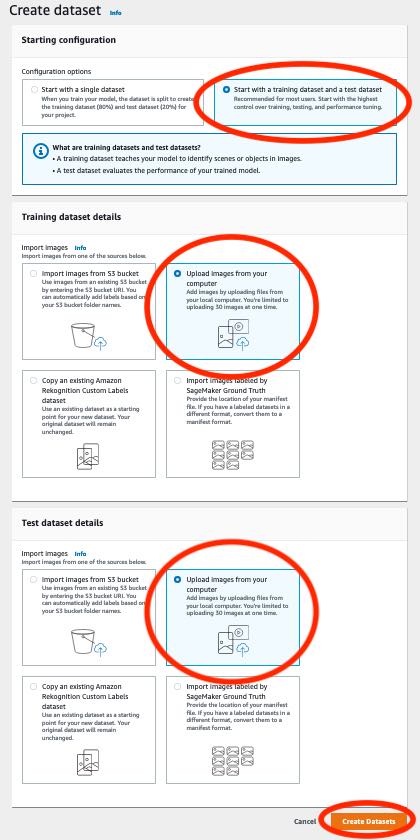 Interface do usuário para criar os conjuntos de dados de treinamento e teste. Botões Cancelar e Criar conjuntos de dados na parte inferior.
