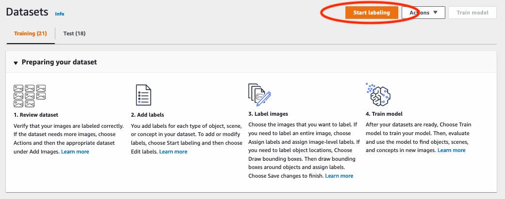 Interface da galeria de conjuntos de dados mostrando etapas para rotular imagens: revisar, adicionar rótulos, rotular localizações de objetos com caixas delimitadoras e treinar modelo. Botão Iniciar rotulagem em destaque.