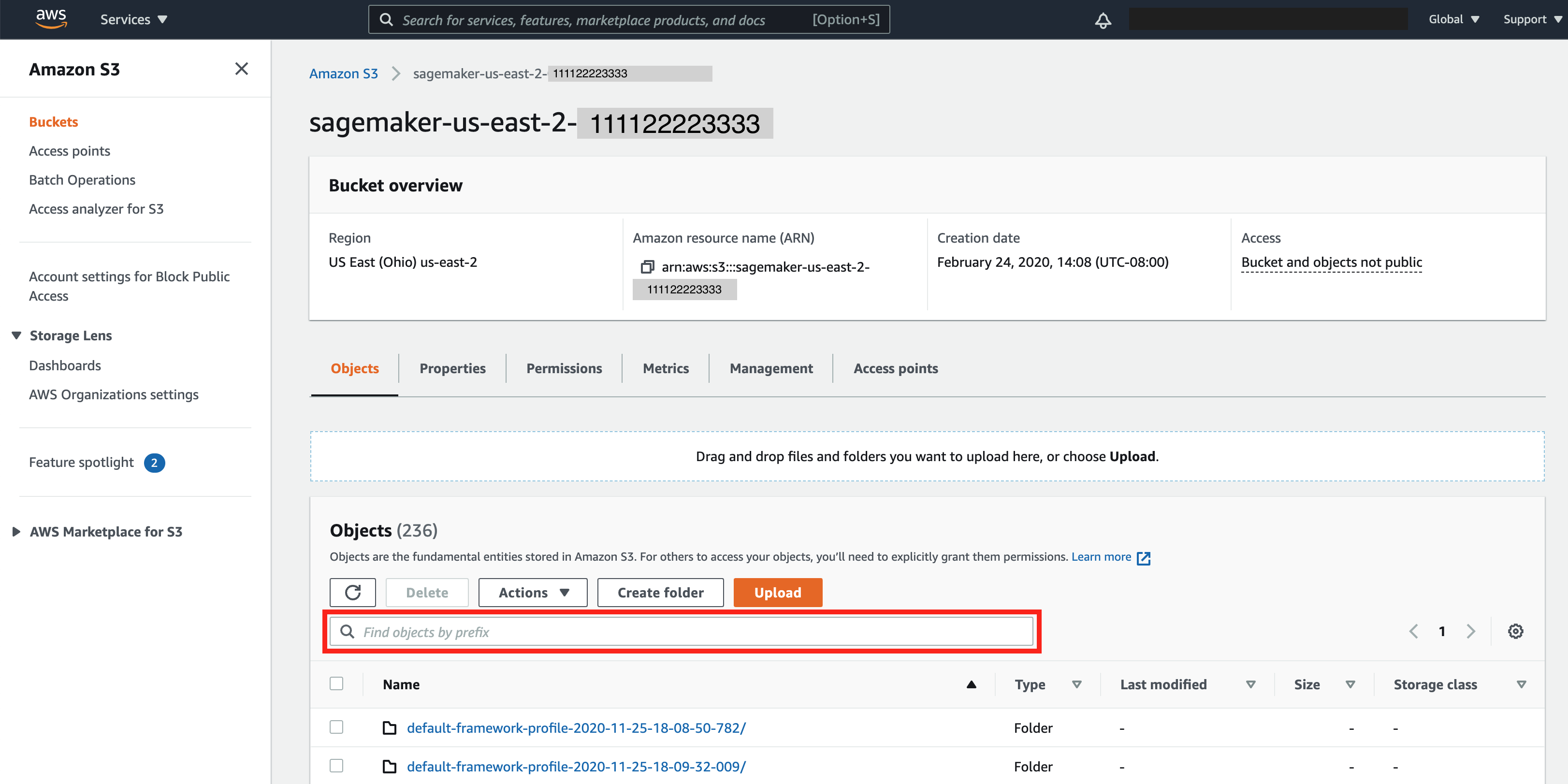 O campo Localizar objetos por prefixo no console do Amazon S3.