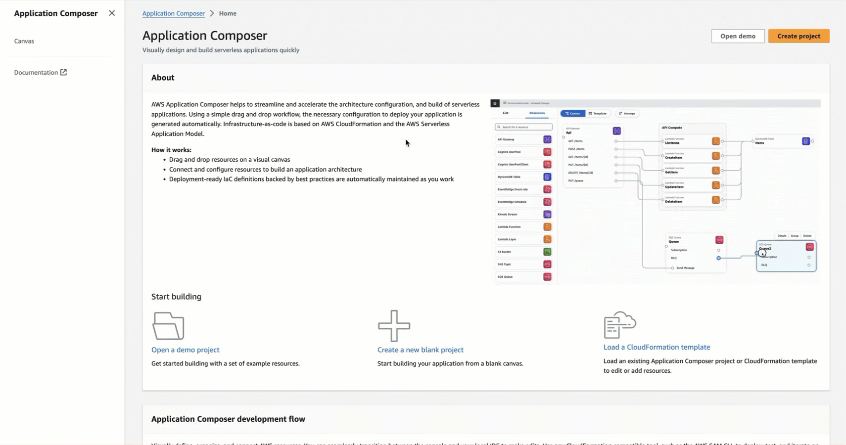 Uma animação que ilustra como usar o Workflow Studio no Infrastructure Composer.
