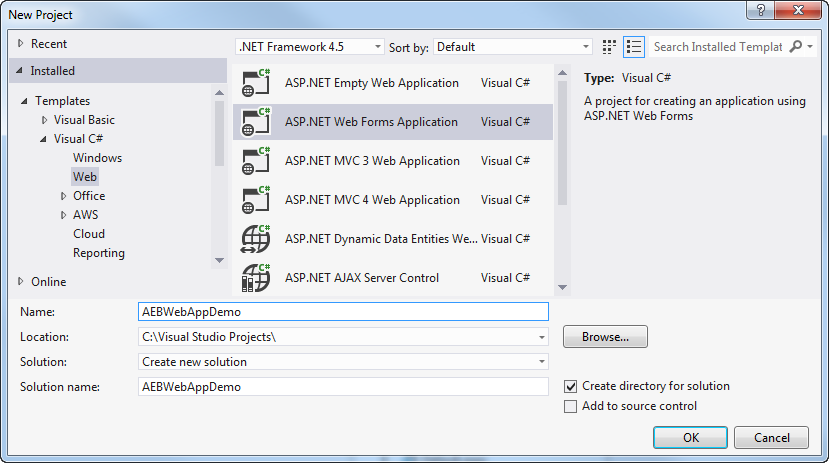 Novo diálogo de projeto com o modelo de aplicativo ASP.NET Web Forms selecionado na lista.