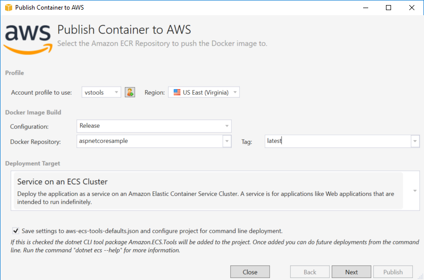 Publique o contêiner para AWS dialogar com o perfil, a imagem do Docker e as configurações de implantação do ECS.