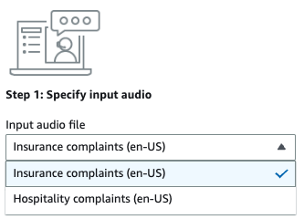 Amazon Transcribe captura de tela do console: uma seleção suspensa para o áudio de entrada da demonstração.