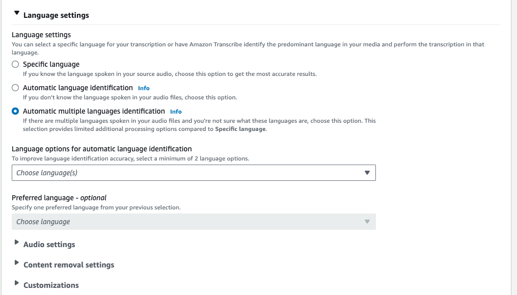 Amazon Transcribe captura de tela do console: a guia expandida de 'configurações de idioma'.