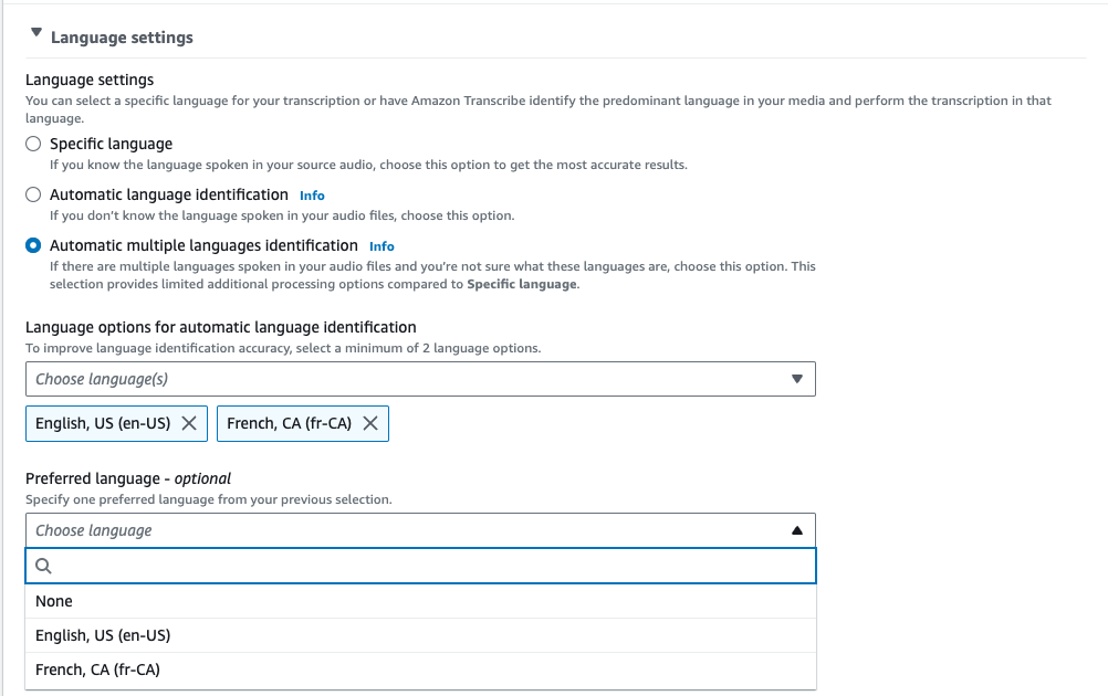 Amazon Transcribe captura de tela do console: o menu suspenso de seleção do código de idioma.