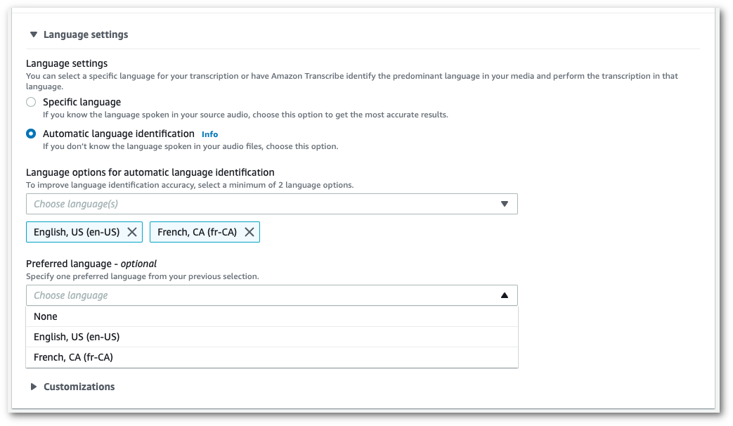 Amazon Transcribe captura de tela do console: o painel de 'configurações de idioma' com as opções de idioma preferidas.