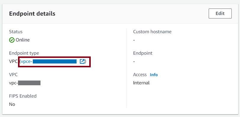 A página de detalhes do servidor do console Transfer Family, mostrando os detalhes do Endpoint de um servidor VPC.