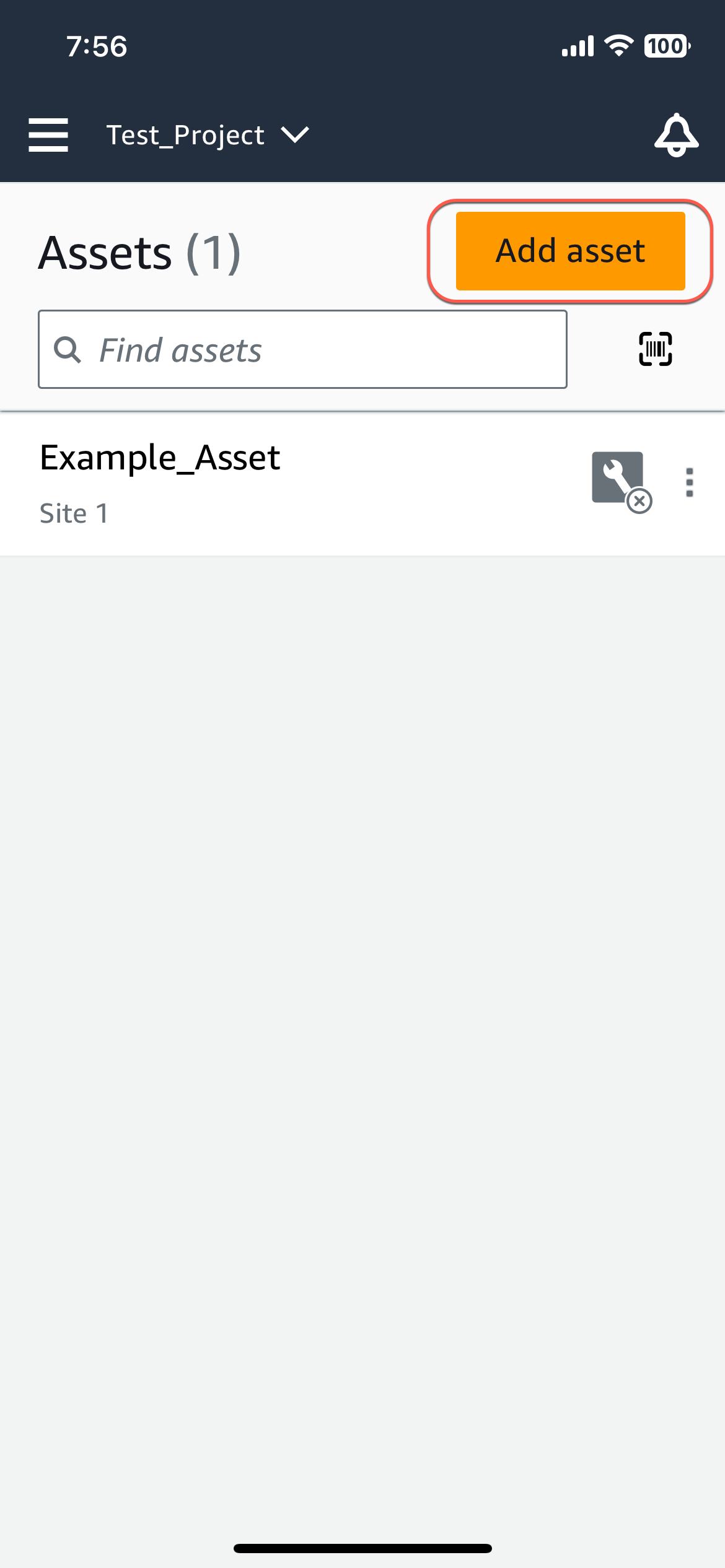 “资产” 页面显示了 “添加资产” 按钮，下面列出了一个示例资产。