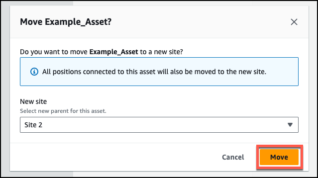 “移动 Example_Asset” 对话框，将站点 2 选为新的父站点，并突出显示 “移动” 按钮。