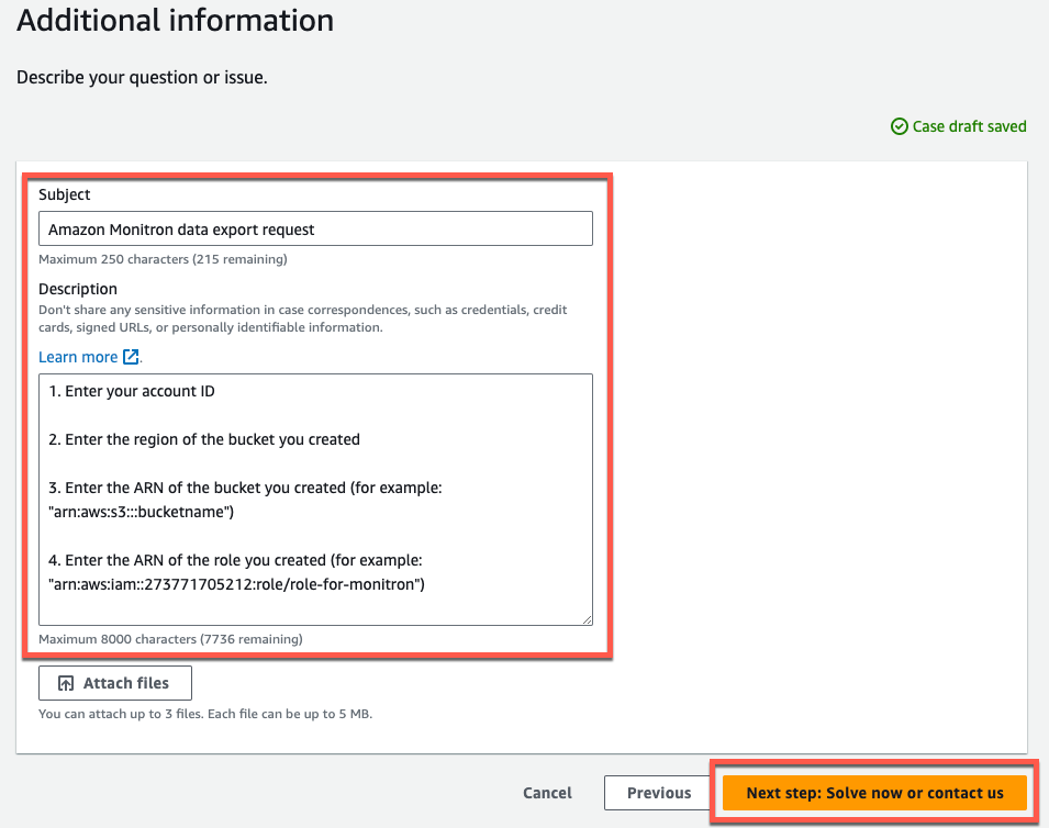 Amazon Monitron 数据导出请求表单，其中包含账户和存储桶详细信息字段。