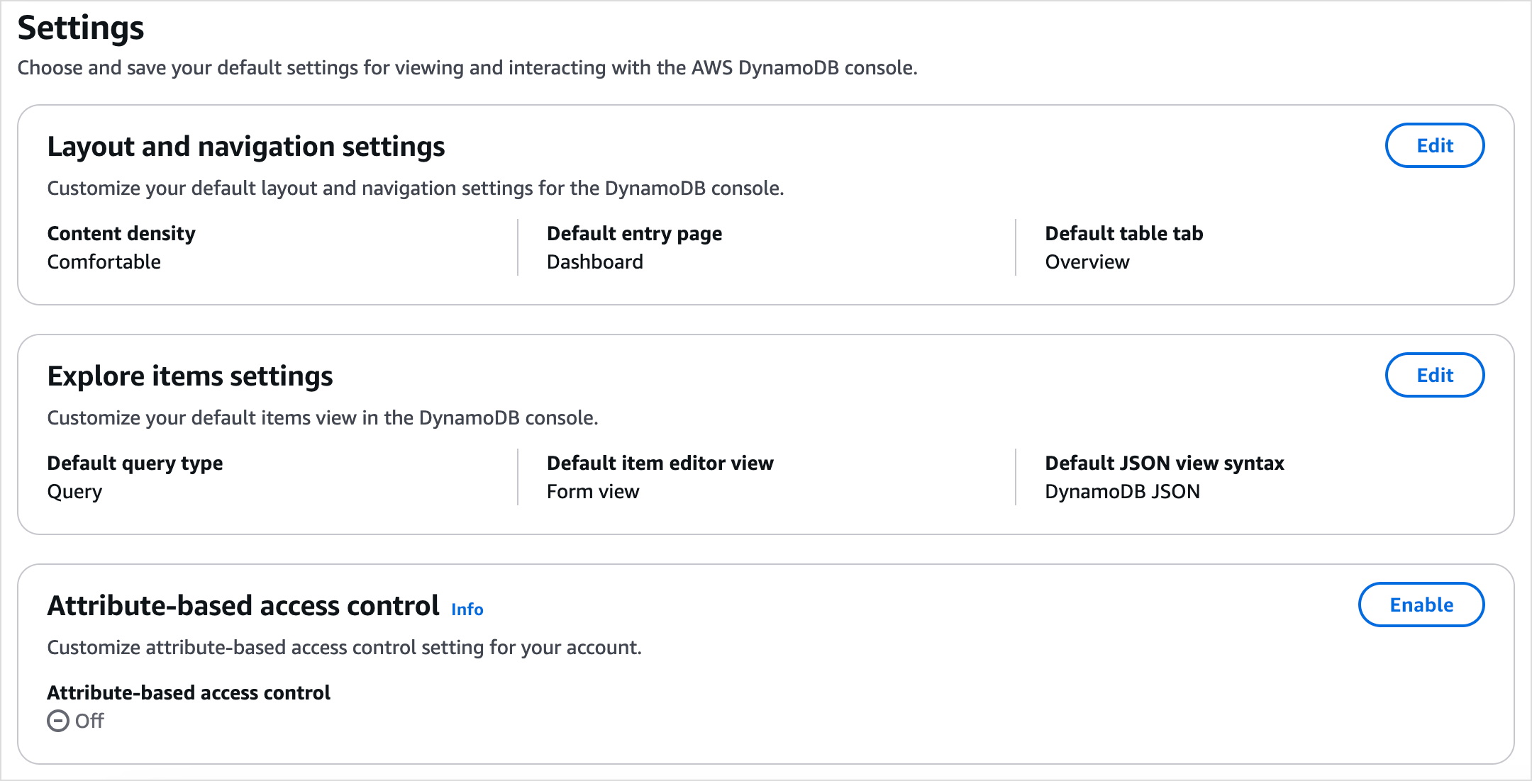 DynamoDB 控制台上显示基于属性的访问权限控制卡片的设置页面。