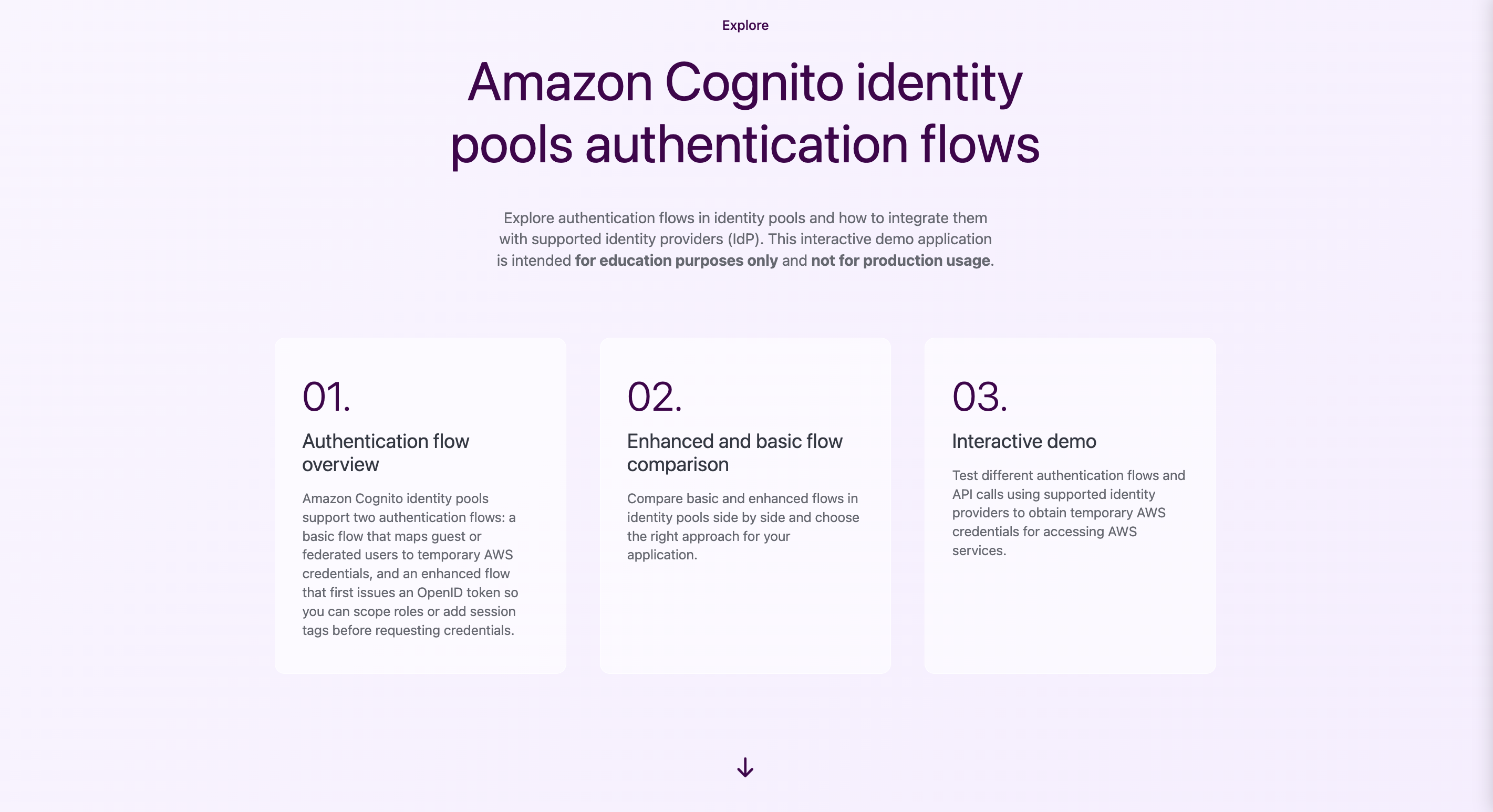 Amazon Cognito 身份池演示应用程序 Web 界面屏幕截图，显示包含身份验证方法选项和交互式演示部分的主页。