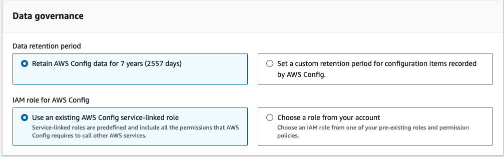 该图像是 AWS Config 控制台 “编辑设置” 页面的屏幕截图。它包括与数据治理相关的信息：数据保留期和 IAM 角色 AWS Config。