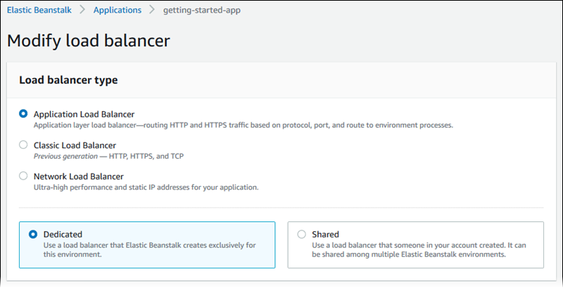 Elastic Load Balancing 配置页面 - 选择负载均衡器类型
