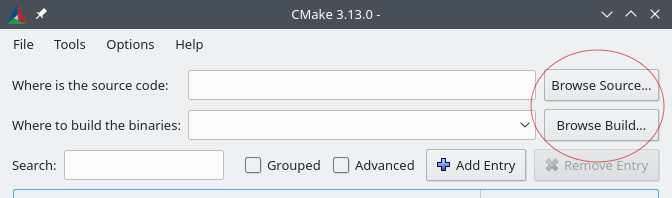 CMake 窗口，其中包含源代码位置和构建二进制文件的位置的输入字段，以及浏览源代码、浏览构建目录、搜索、添加或删除条目以及查看“分组”或“高级”的选项。