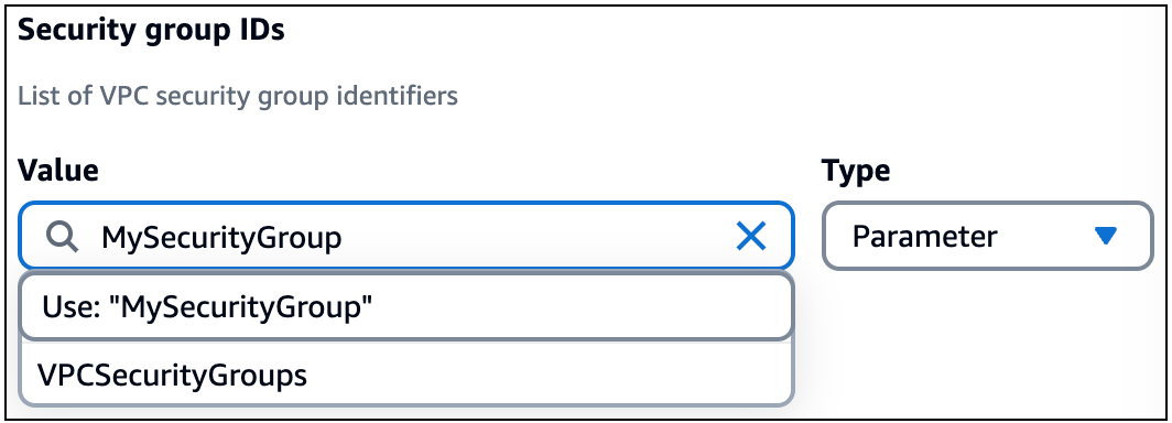 为 Lambda 函数卡的安全组 ID 字段的参数类型提供的MySecurityGroup值。