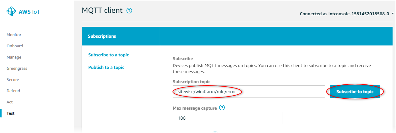 AWS IoT Core “MQTT 客户端” 页面屏幕截图，突出显示 “订阅主题” 按钮。