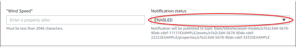 AWS IoT SiteWise “编辑资产” 页面屏幕截图，突出显示 “通知状态”。