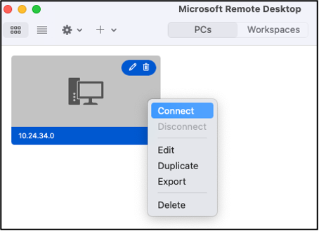 Microsoft 远程桌面应用程序中的“连接”选项。