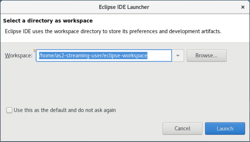 AWS Transform for mainframe应用程序中的 Eclipse IDE 启动器。 WorkSpaces 已选择“工作区”。
