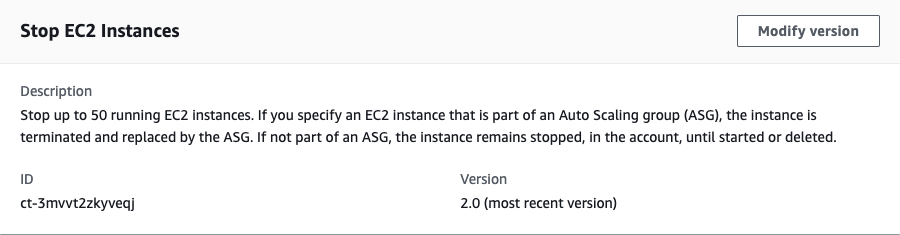 说明 的 EC2 实例停止功能，包括 ID 和版本详细信息。