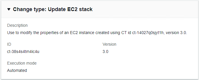 变更 键入更新 EC2 堆栈的详细信息，包括描述、ID、版本和执行模式。