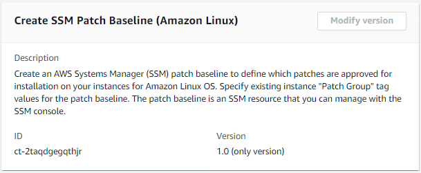 “创建 SSM 补丁基准” 页面，其中显示了的描述、ID 和版本字段 Amazon Linux。