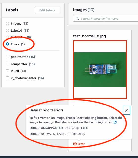 错误对话框的“数据集记录错误”下显示“ERROR_UNSUPPORTED_USE_CASE_TYPE”和“ERROR_NO_VALID_LABEL_ATTRIBUTES”。