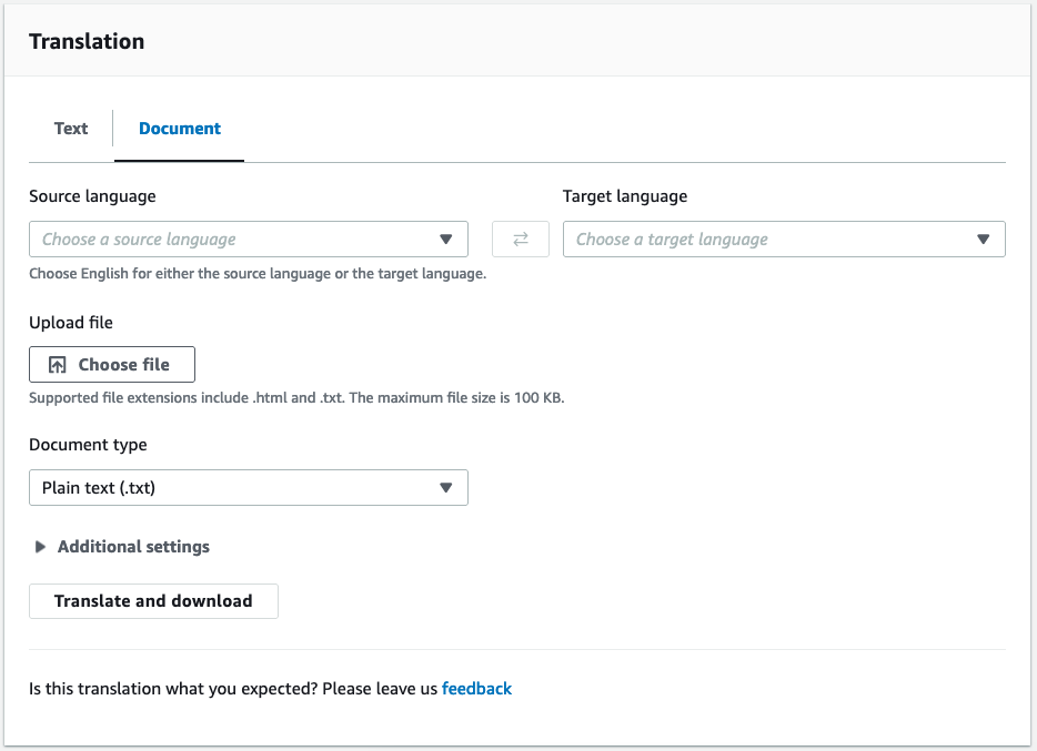 Amazon Translate 控制台的翻译文档屏幕。