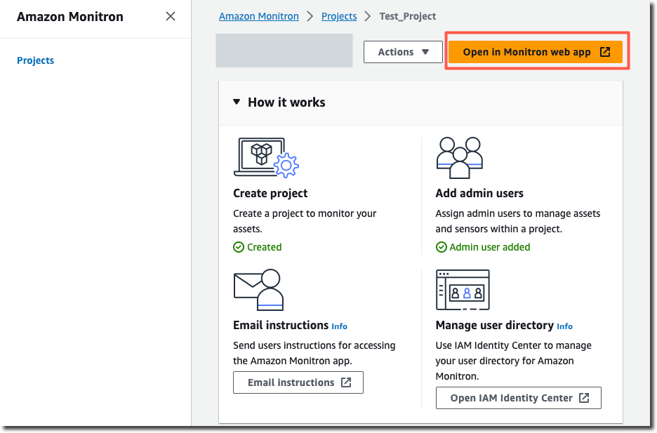 Amazon Monitron 專案設定步驟：建立專案、新增管理員使用者、電子郵件指示、管理目錄。