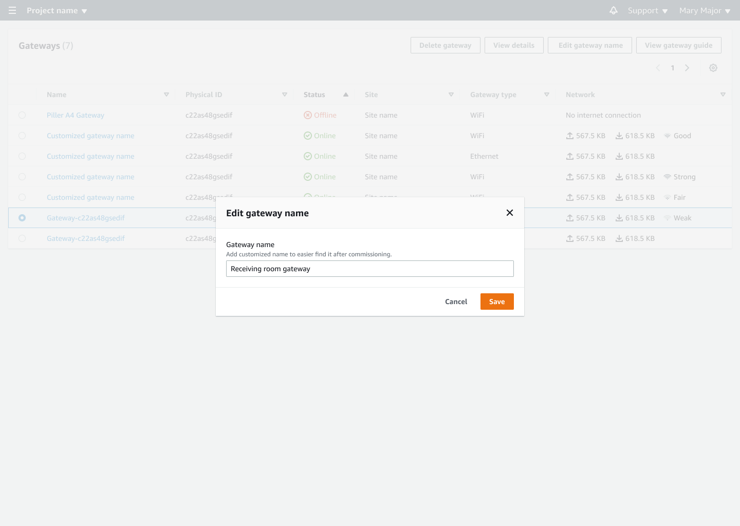 編輯閘道名稱對話方塊，其中包含接收室閘道的文字欄位。