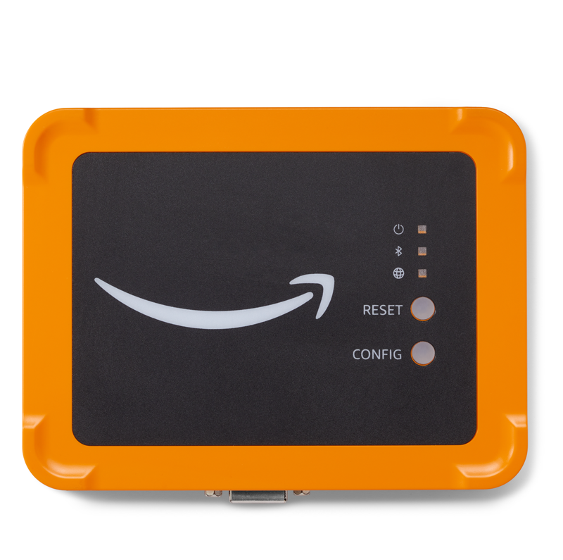 Amazon Monitron 乙太網路閘道裝置，具有橘色框架、電源和連線指示器，以及重設和設定按鈕。