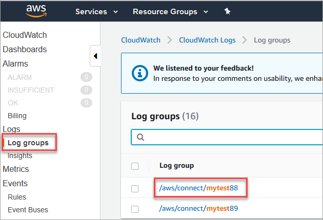 Amazon CloudWatch 主控台、日誌群組區段。