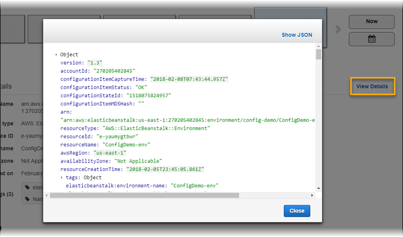AWS Config 資源詳細資訊頁面顯示 Elastic Beanstalk 環境的組態詳細資訊