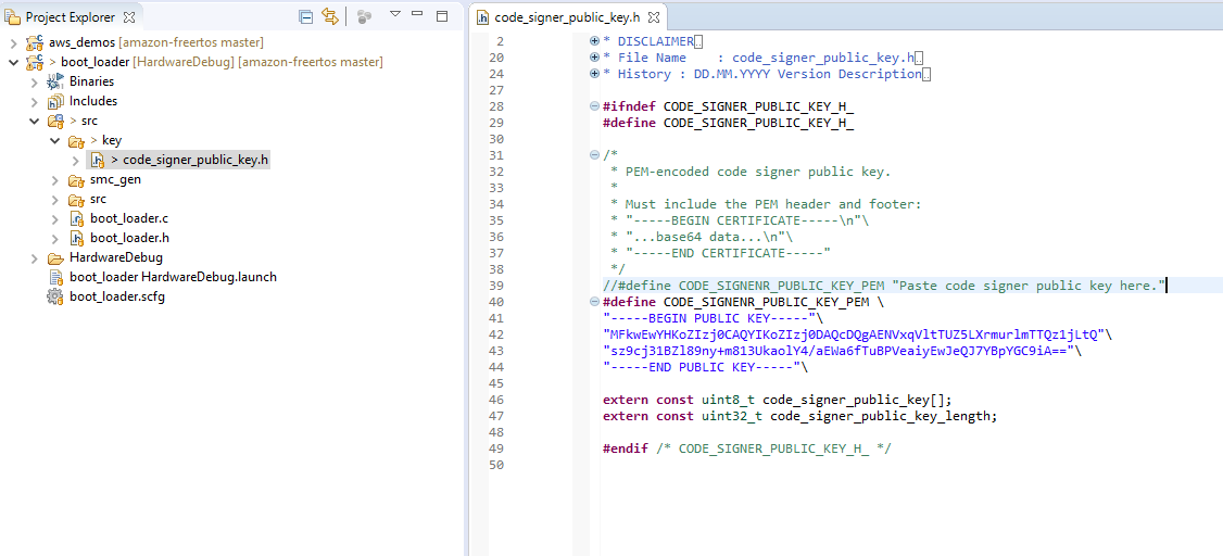 程式碼編輯器顯示具有 CODE_SIGNER_PUBLIC_KEY 定義的 C 標頭檔案，以及 PEM 編碼程式碼簽署者公有金鑰變數。