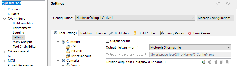C/C++ 組建組態設定視窗顯示編譯器和連結器選項，例如輸出十六進位檔案、輸出檔案類型、輸出目錄和檔案分割選項。