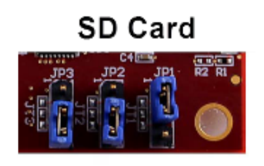 SD 卡，具有三個標示為 JP1、JP2、JP3 的插槽，以及一個鈕釦電池艙。