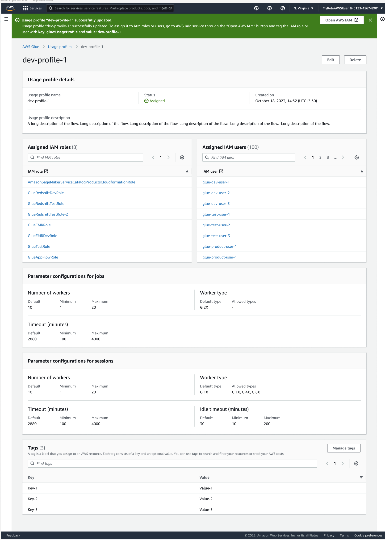 在 AWS Glue中檢視其指派用法設定檔的使用者範例。