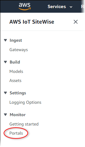 AWS IoT SiteWise 主控台中的左側導覽窗格，並反白顯示入口網站。