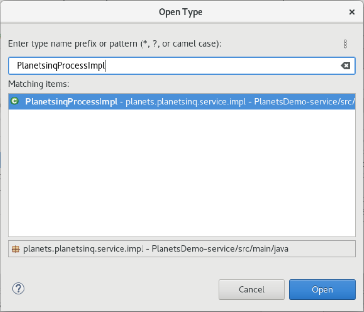 輸入 PlanetsinqProcessImpl 的 Eclipse Open Type 對話方塊視窗。