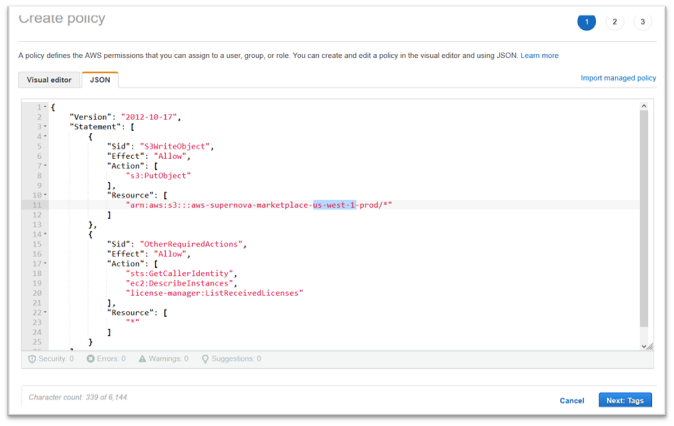 已輸入政策並反白顯示 us-west-1 的 JSON 標籤。