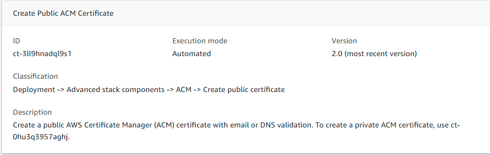建立公開 ACM 憑證變更類型，顯示 ID、自動執行模式和 2.0 版。