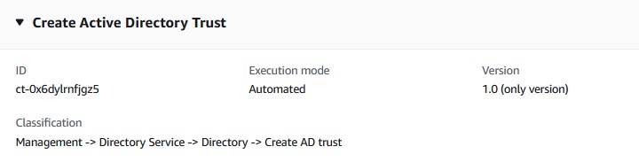 建立 Active Directory Trust 變更類型，顯示 ID、自動執行模式和 1.0 版。