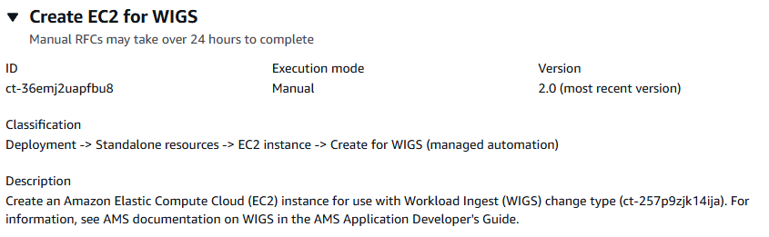 建立 EC2 for WIGS 變更類型詳細資訊，其中顯示 ID、執行模式、版本和分類。