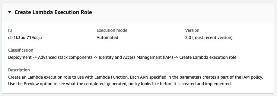 建立具有 ID、執行模式和版本詳細資訊的 Lambda 執行角色界面。