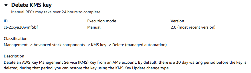 刪除顯示 ID、執行模式、版本和描述詳細資訊的 KMS key 界面。