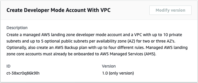AWS 主控台界面顯示使用 VPC 建立開發人員模式帳戶的詳細資訊。