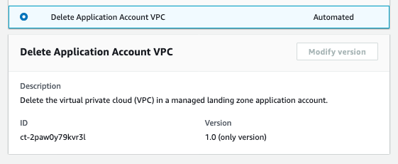 刪除應用程式帳戶 VPC 變更類型詳細資訊，顯示 ID ct-2paw0y79kvr3l 和 1.0 版。