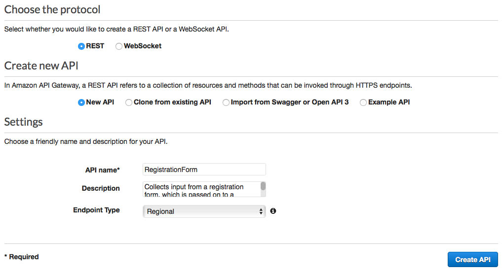 通訊協定設定為 REST、建立新的 API 設定為新 API、API 名稱設定為 RegistrationForm，以及端點類型設定為區域。
